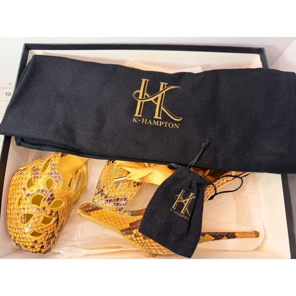 K. Hampton Wealth Yellow Python Leather Cutout Platform Stiletto Heels
